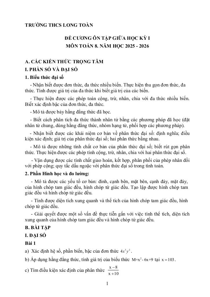 đề cương giữa học kì 1 toán 8 năm 2025 – 2026 trường thcs long toàn – tp hcm 0