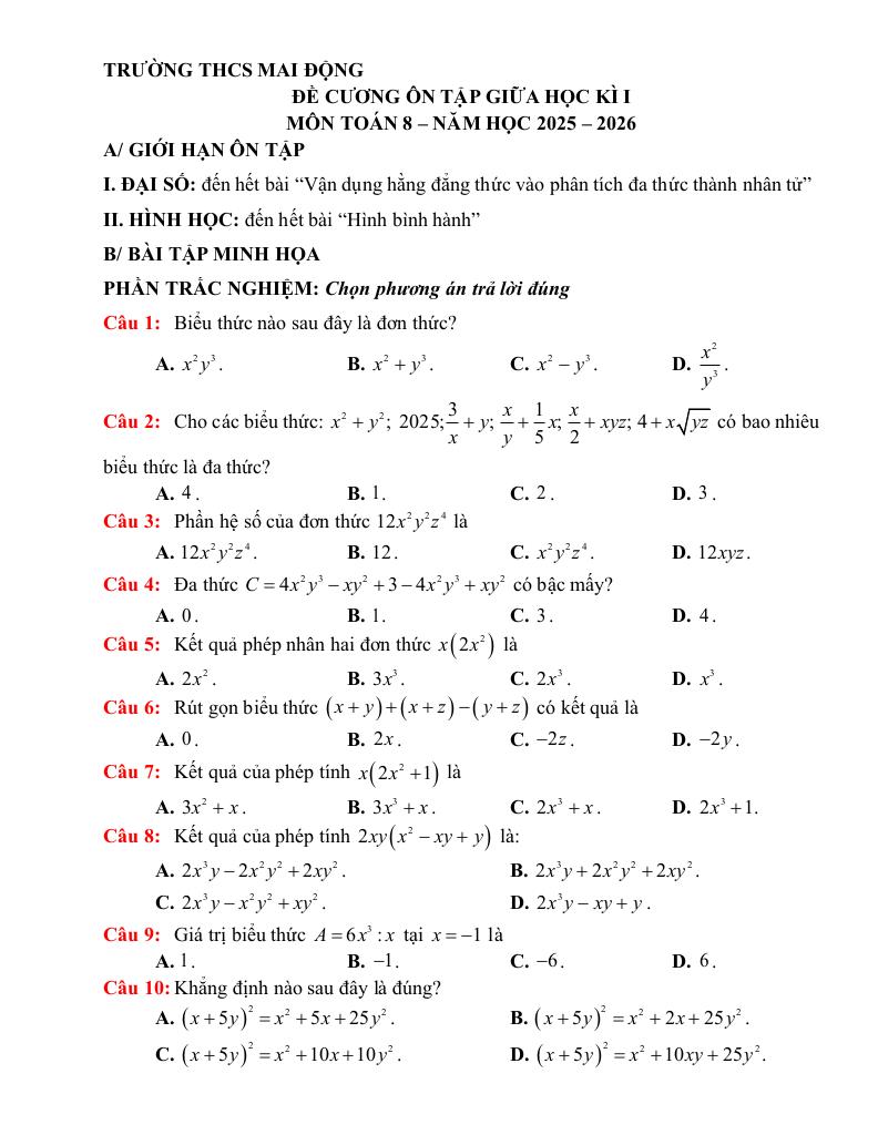 đề cương giữa học kì 1 toán 8 năm 2025 – 2026 trường thcs mai động – hà nội 0