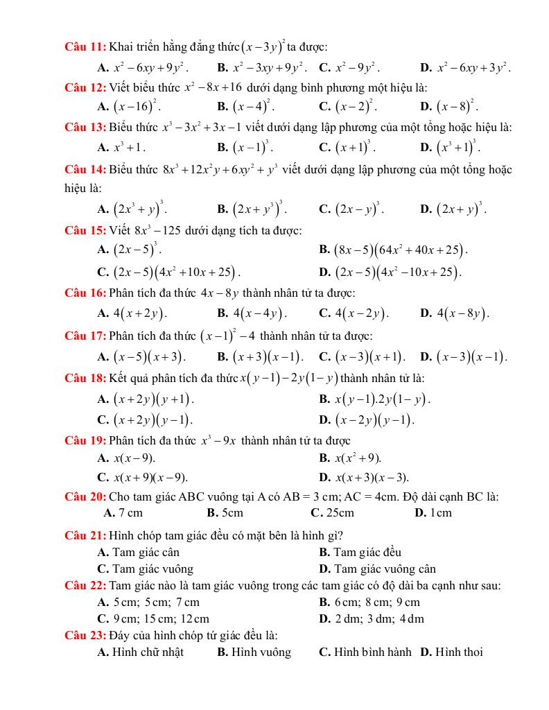 đề cương giữa học kì 1 toán 8 năm 2025 – 2026 trường thcs mai động – hà nội 1