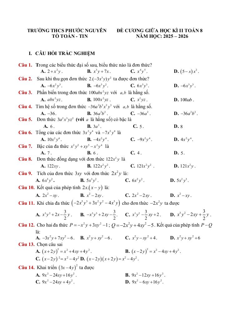 đề cương giữa học kì 1 toán 8 năm 2025 – 2026 trường thcs phước nguyên – tp hcm 0