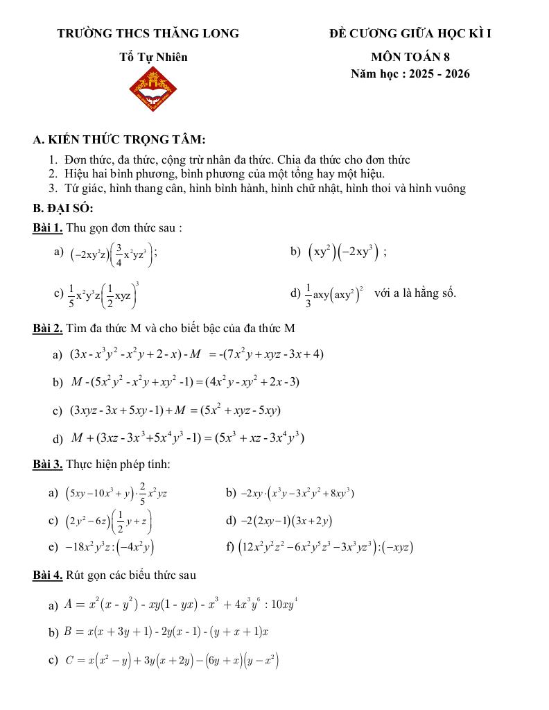 đề cương giữa học kì 1 toán 8 năm 2025 – 2026 trường thcs thăng long – hà nội 0