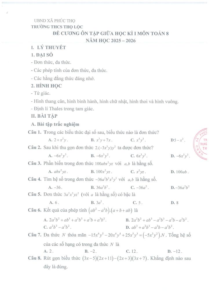 đề cương giữa học kì 1 toán 8 năm 2025 – 2026 trường thcs thọ lộc – hà nội 0