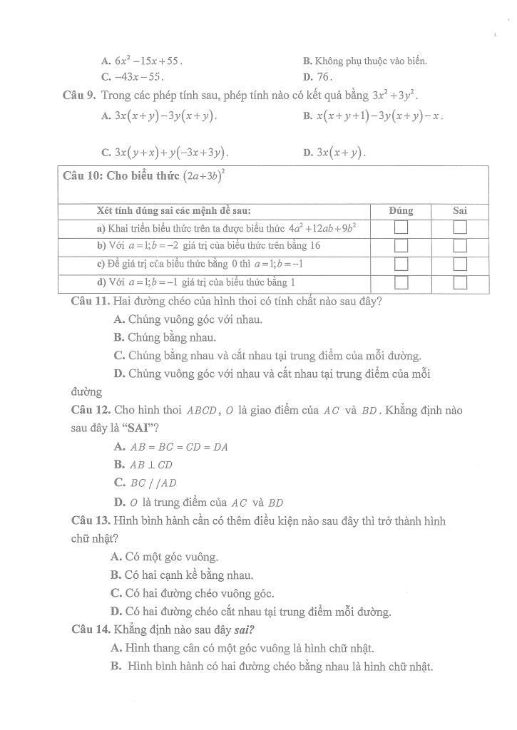 đề cương giữa học kì 1 toán 8 năm 2025 – 2026 trường thcs thọ lộc – hà nội 1