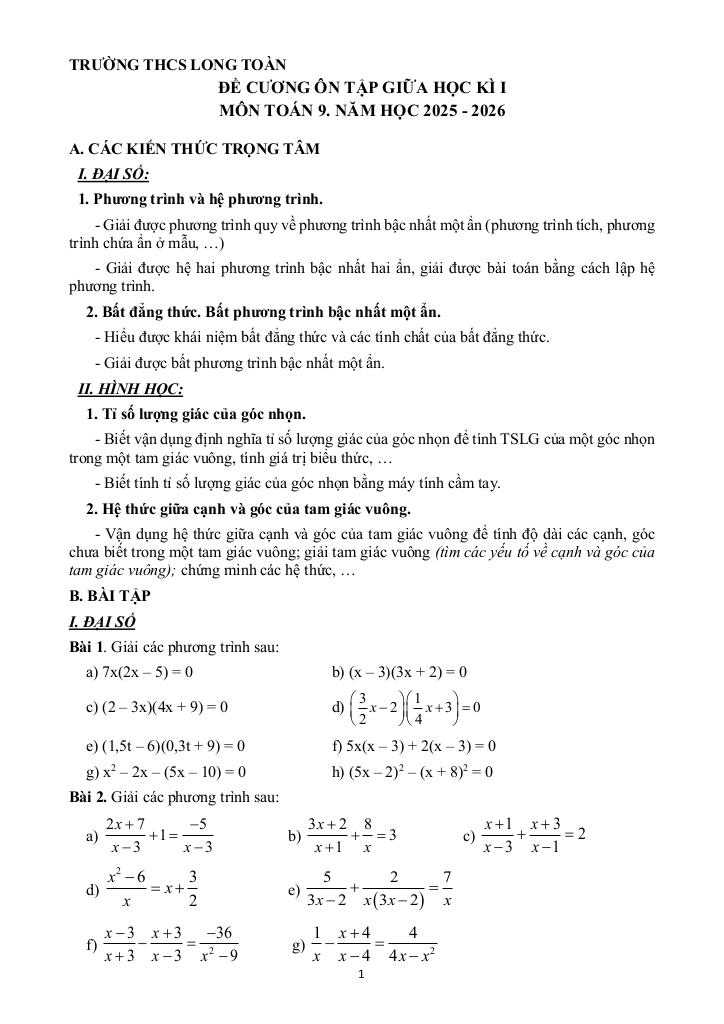 đề cương giữa học kì 1 toán 9 năm 2025 – 2026 trường thcs long toàn – tp hcm 0