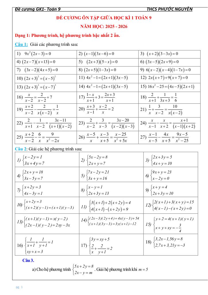 đề cương giữa học kì 1 toán 9 năm 2025 – 2026 trường thcs phước nguyên – tp hcm 0