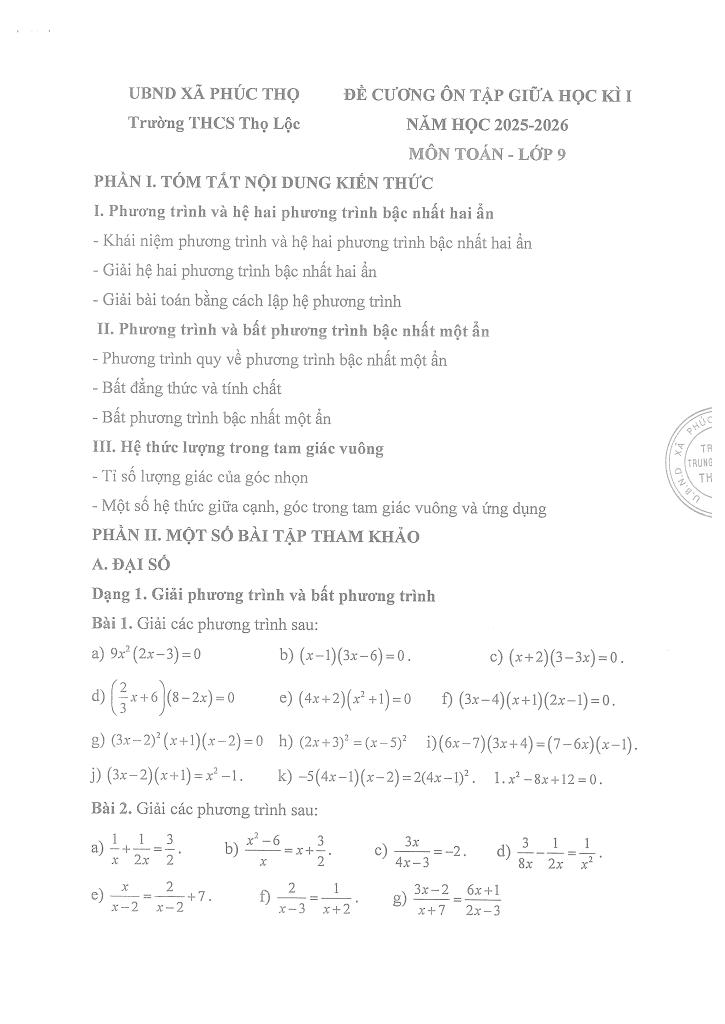 đề cương giữa học kì 1 toán 9 năm 2025 – 2026 trường thcs thọ lộc – hà nội 0