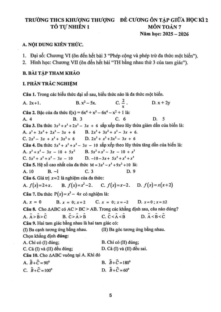 đề cương giữa học kì 2 toán 7 năm 2025 – 2026 trường thcs khương thượng – hà nội - hình 1