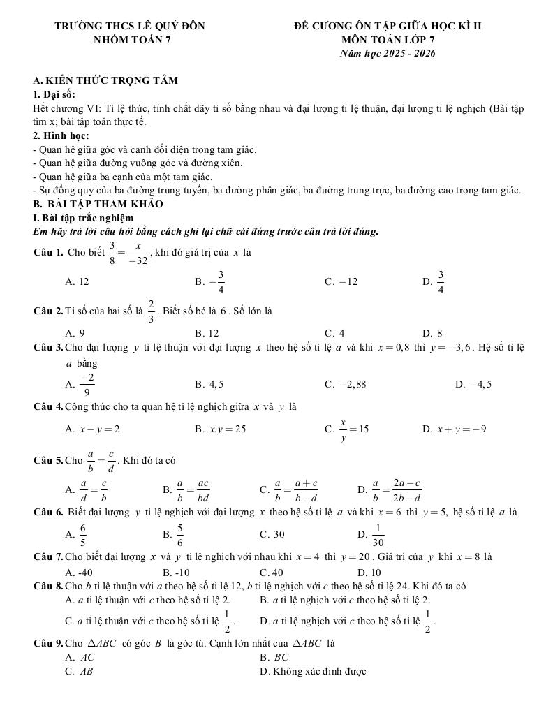 đề cương giữa học kì 2 toán 7 năm 2025 – 2026 trường thcs lê quý đôn – hà nội - hình 1