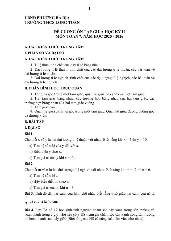 đề cương giữa học kì 2 toán 7 năm 2025 – 2026 trường thcs long toàn – tp hcm - hình 1