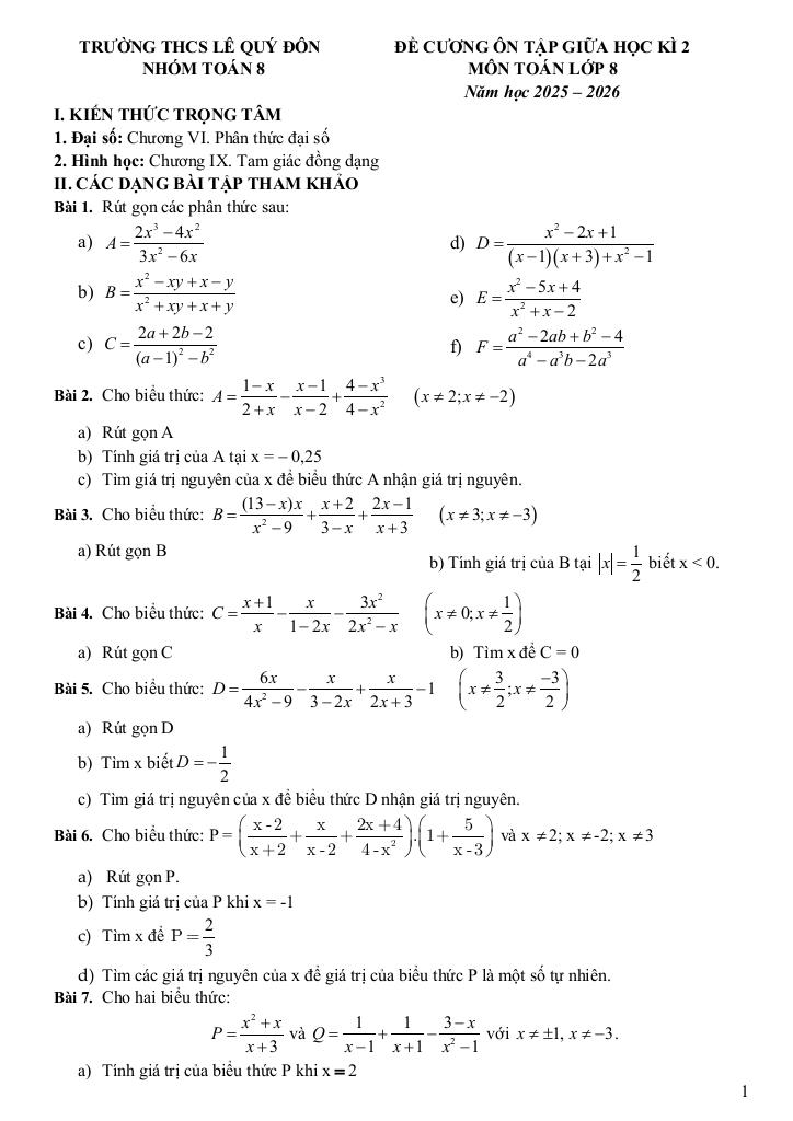 đề cương giữa học kì 2 toán 8 năm 2025 – 2026 trường thcs lê quý đôn – hà nội - hình 1