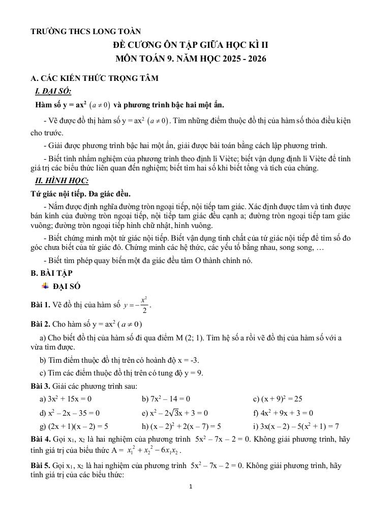 đề cương giữa học kì 2 toán 9 năm 2025 – 2026 trường thcs long toàn – tp hcm - hình 1