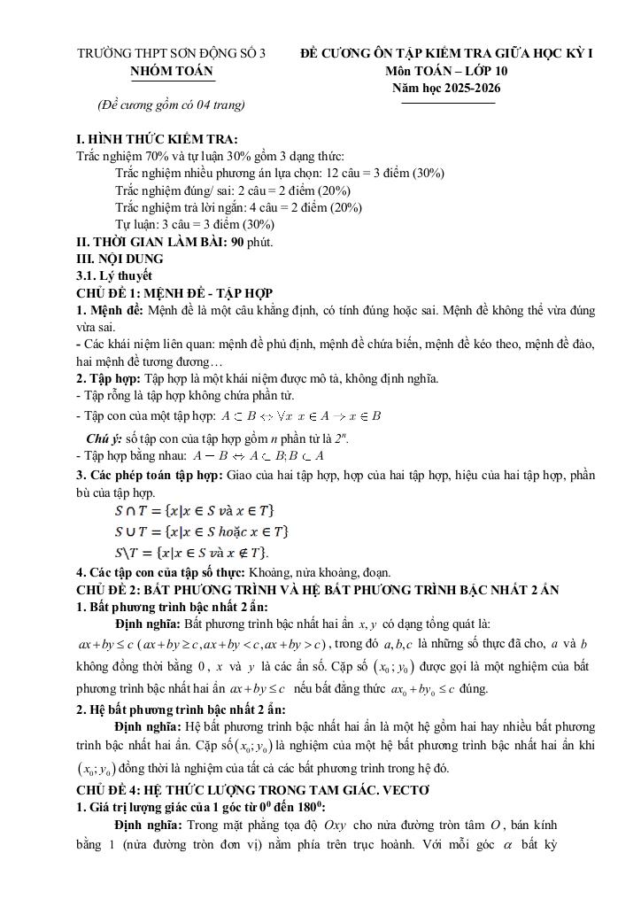 đề cương giữa học kỳ 1 toán 10 năm 2025 – 2026 trường thpt sơn động 3 – bắc ninh 0