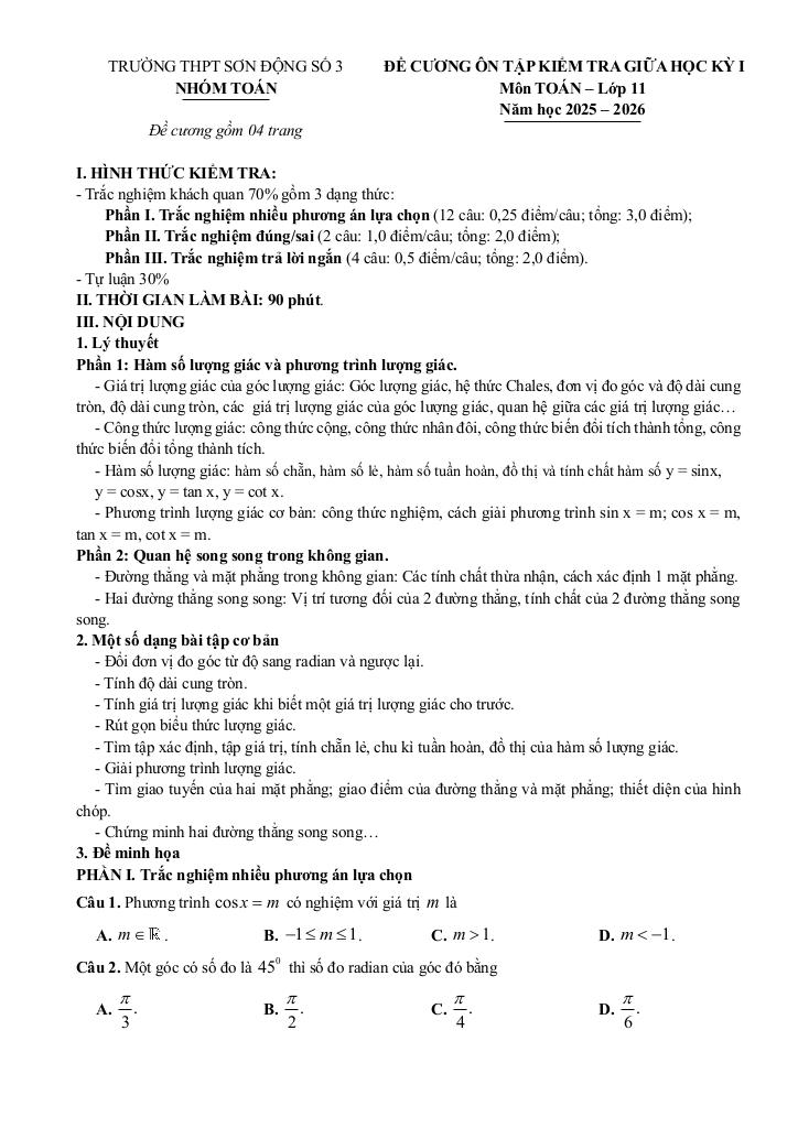 đề cương giữa học kỳ 1 toán 11 năm 2025 – 2026 trường thpt sơn động 3 – bắc ninh 0