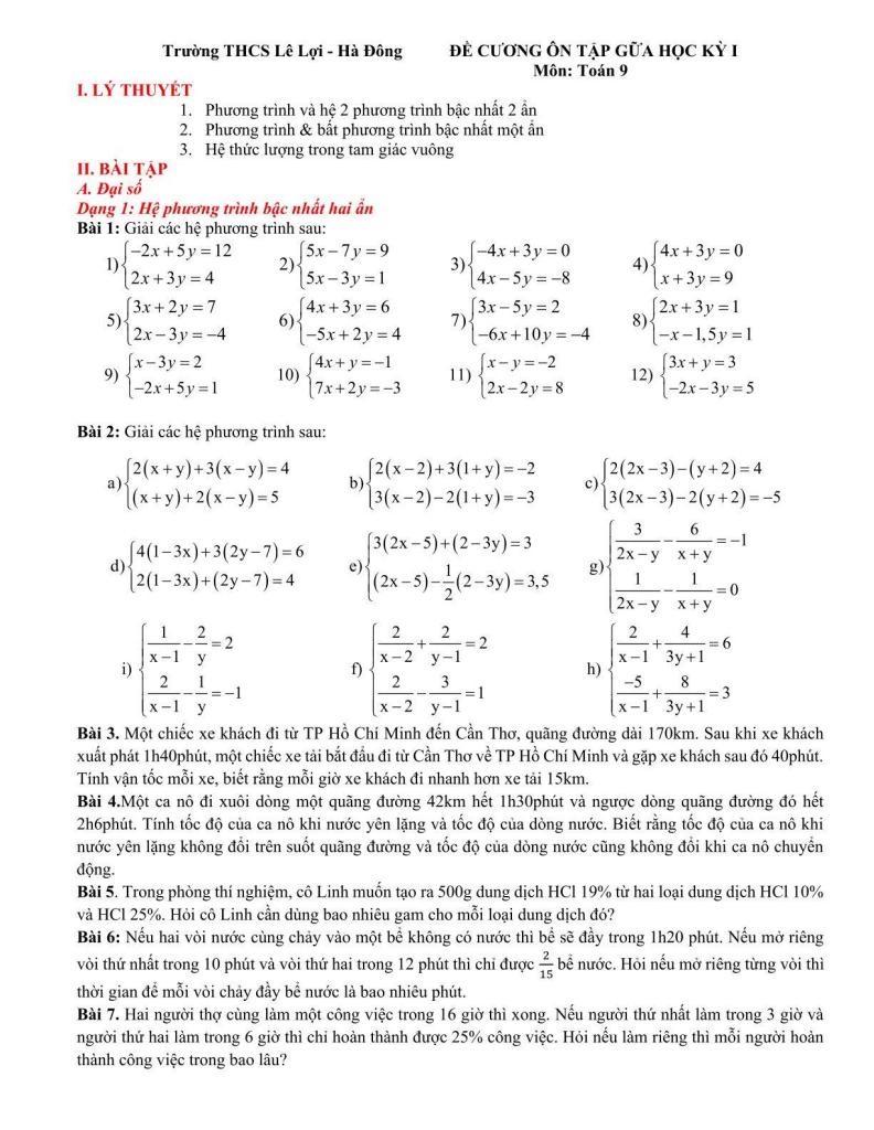 đề cương giữa học kỳ 1 toán 9 năm 2025 – 2026 trường thcs lê lợi – hà nội 0