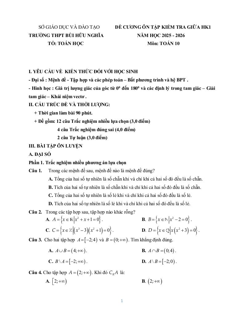 đề cương giữa kì 1 toán 10 năm 2025 – 2026 trường thpt bùi hữu nghĩa – cần thơ 0