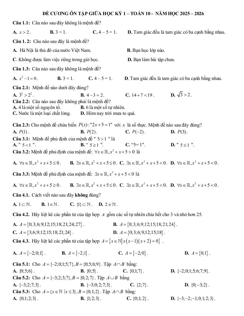 đề cương giữa kì 1 toán 10 năm 2025 – 2026 trường thpt đức trọng – lâm đồng 0