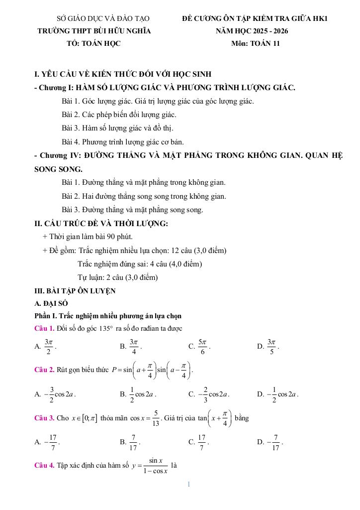 đề cương giữa kì 1 toán 11 năm 2025 – 2026 trường thpt bùi hữu nghĩa – cần thơ 0