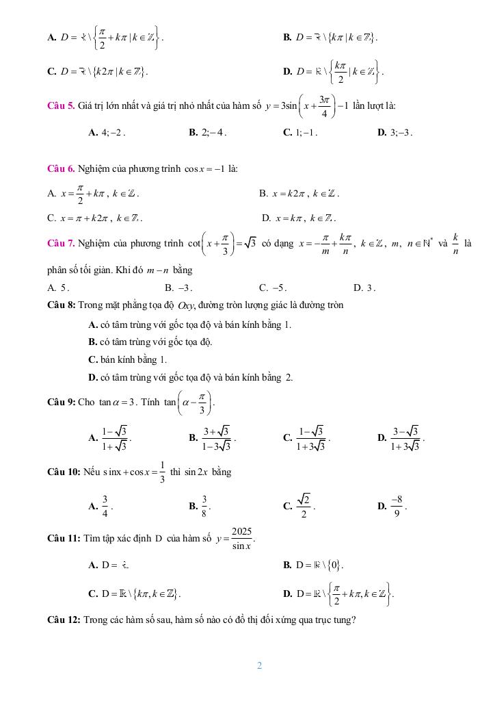 đề cương giữa kì 1 toán 11 năm 2025 – 2026 trường thpt bùi hữu nghĩa – cần thơ 1