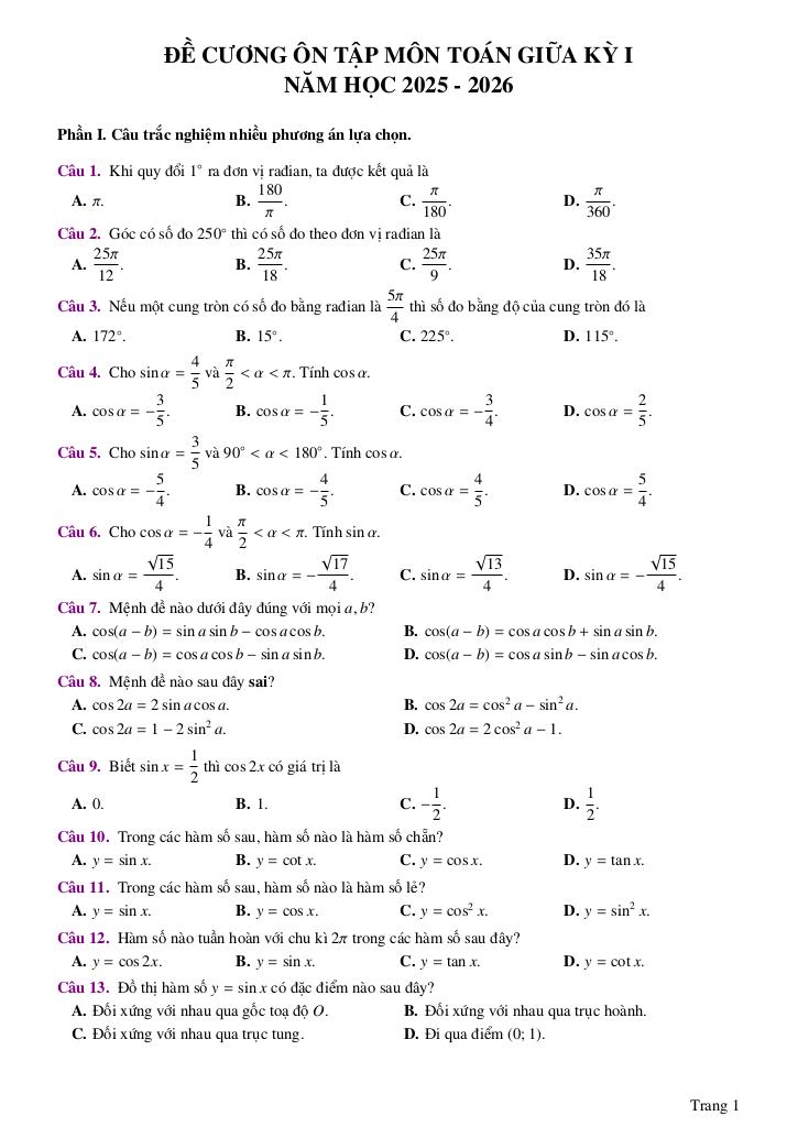 đề cương giữa kì 1 toán 11 năm 2025 – 2026 trường thpt đức trọng – lâm đồng 0