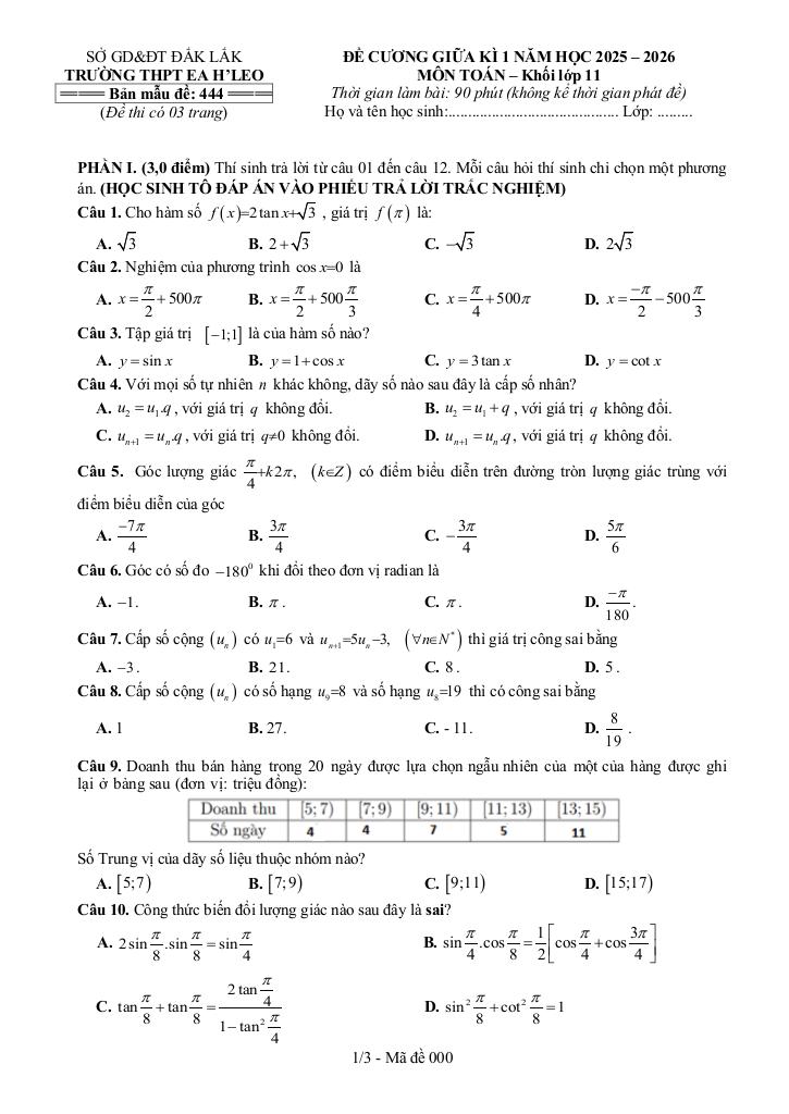 đề cương giữa kì 1 toán 11 năm 2025 – 2026 trường thpt ea h’leo – đắk lắk 9