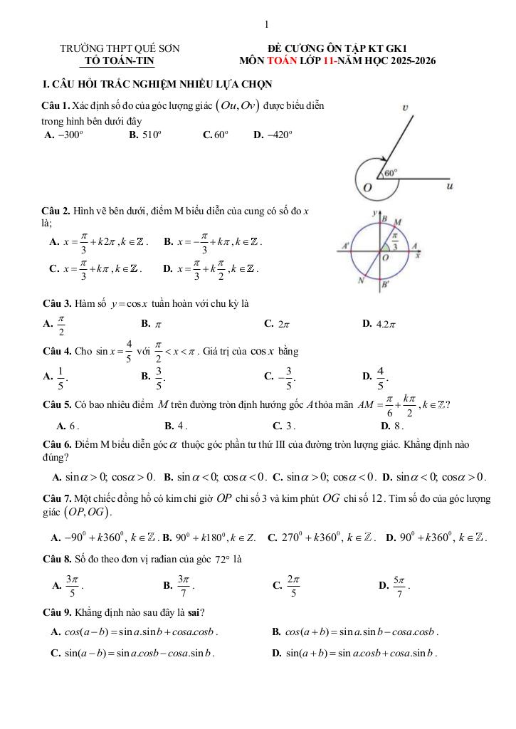 đề cương giữa kì 1 toán 11 năm 2025 – 2026 trường thpt quế sơn – đà nẵng 2