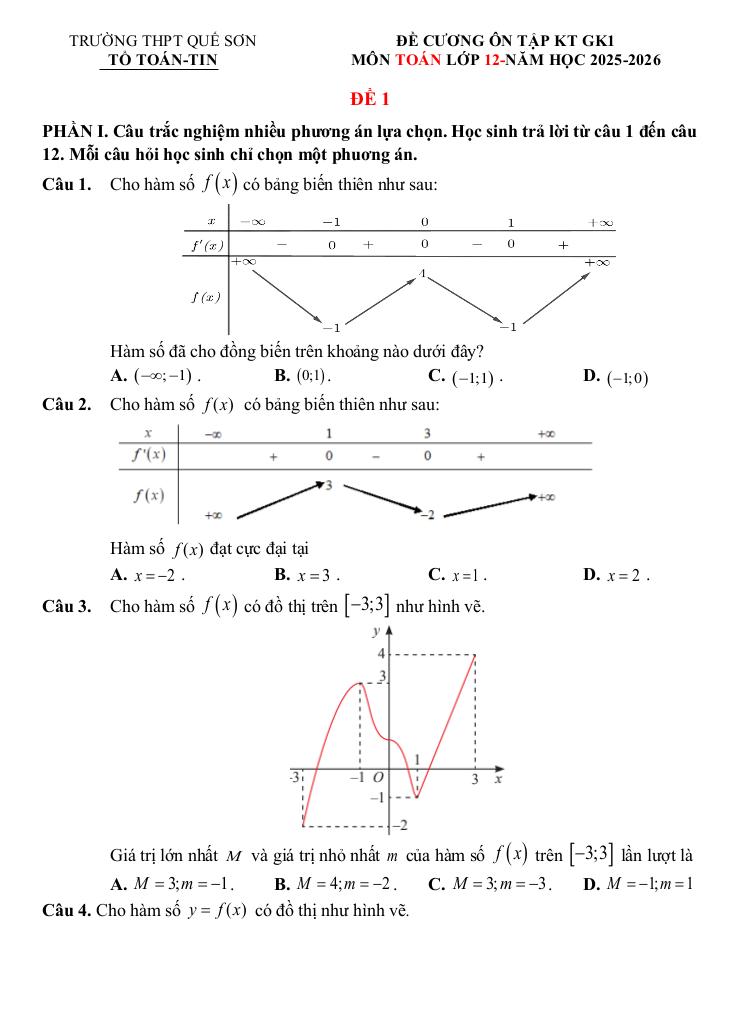 đề cương giữa kì 1 toán 12 năm 2025 – 2026 trường thpt quế sơn – đà nẵng 1