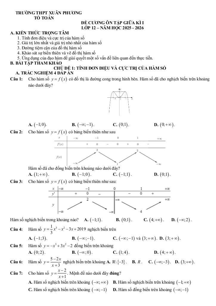 đề cương giữa kì 1 toán 12 năm 2025 – 2026 trường thpt xuân phương – hà nội 0