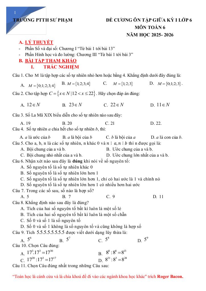 đề cương giữa kì 1 toán 6 năm 2025 – 2026 trường pt thực hành sư phạm – đồng nai 0