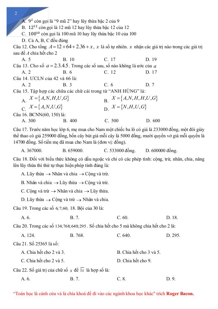 đề cương giữa kì 1 toán 6 năm 2025 – 2026 trường pt thực hành sư phạm – đồng nai 1