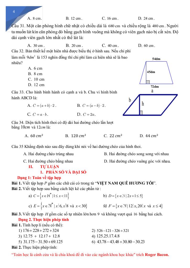 đề cương giữa kì 1 toán 6 năm 2025 – 2026 trường pt thực hành sư phạm – đồng nai 3