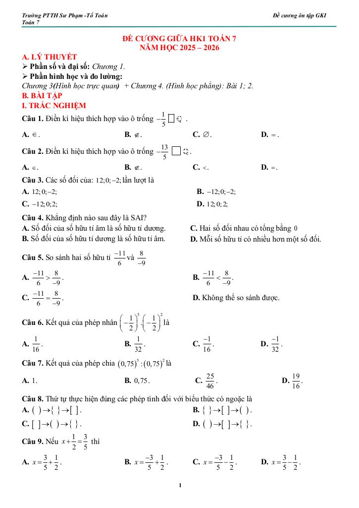 đề cương giữa kì 1 toán 7 năm 2025 – 2026 trường pt thực hành sư phạm – đồng nai 0