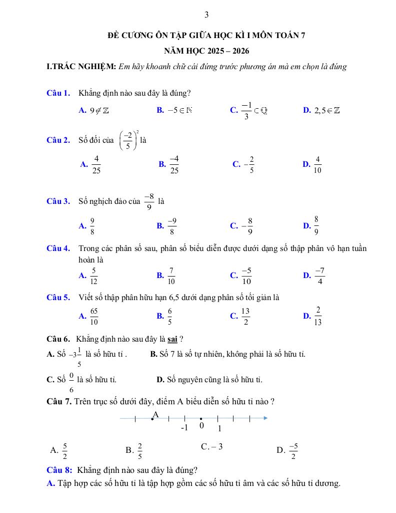 đề cương giữa kì 1 toán 7 năm 2025 – 2026 trường thcs tô hoàng – hà nội 1