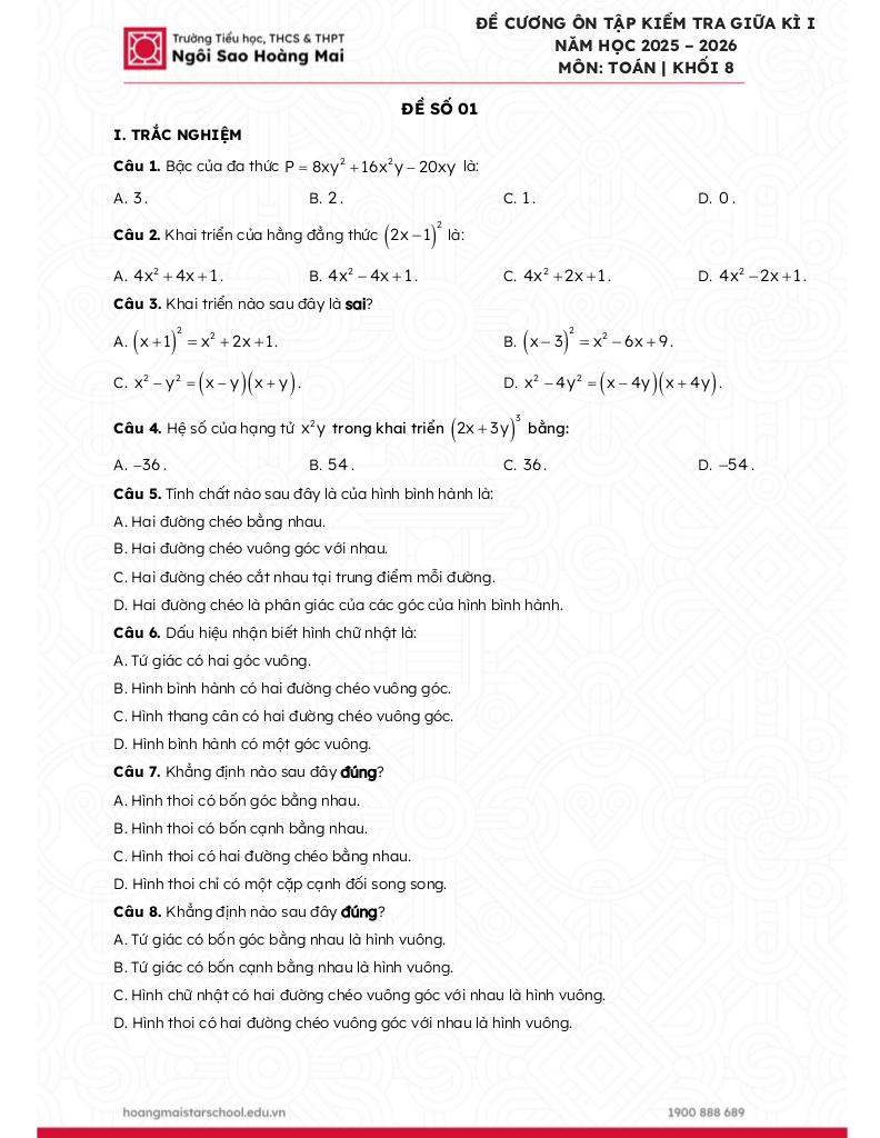 đề cương giữa kì 1 toán 8 năm 2025 – 2026 trường ngôi sao hoàng mai – hà nội 0