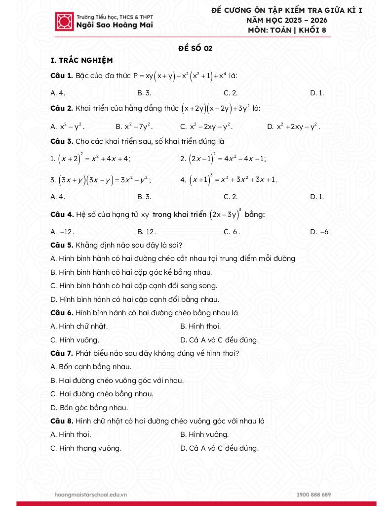 đề cương giữa kì 1 toán 8 năm 2025 – 2026 trường ngôi sao hoàng mai – hà nội 2