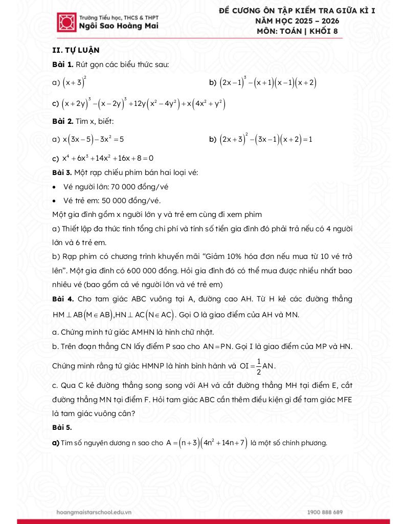 đề cương giữa kì 1 toán 8 năm 2025 – 2026 trường ngôi sao hoàng mai – hà nội 3