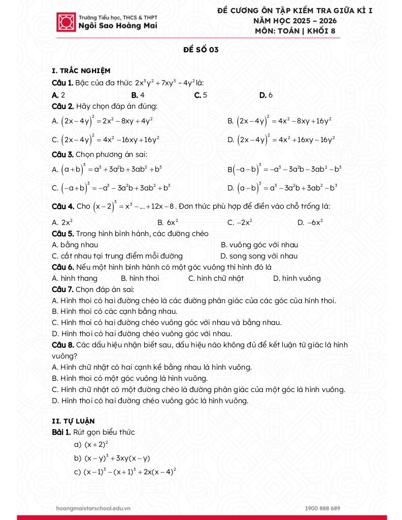 đề cương giữa kì 1 toán 8 năm 2025 – 2026 trường ngôi sao hoàng mai – hà nội 5
