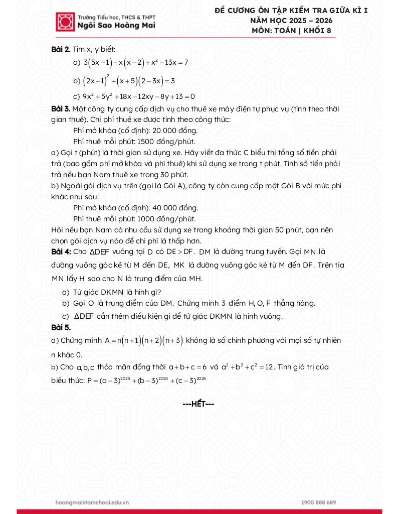 đề cương giữa kì 1 toán 8 năm 2025 – 2026 trường ngôi sao hoàng mai – hà nội 6