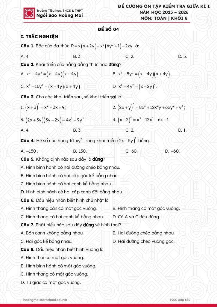 đề cương giữa kì 1 toán 8 năm 2025 – 2026 trường ngôi sao hoàng mai – hà nội 7