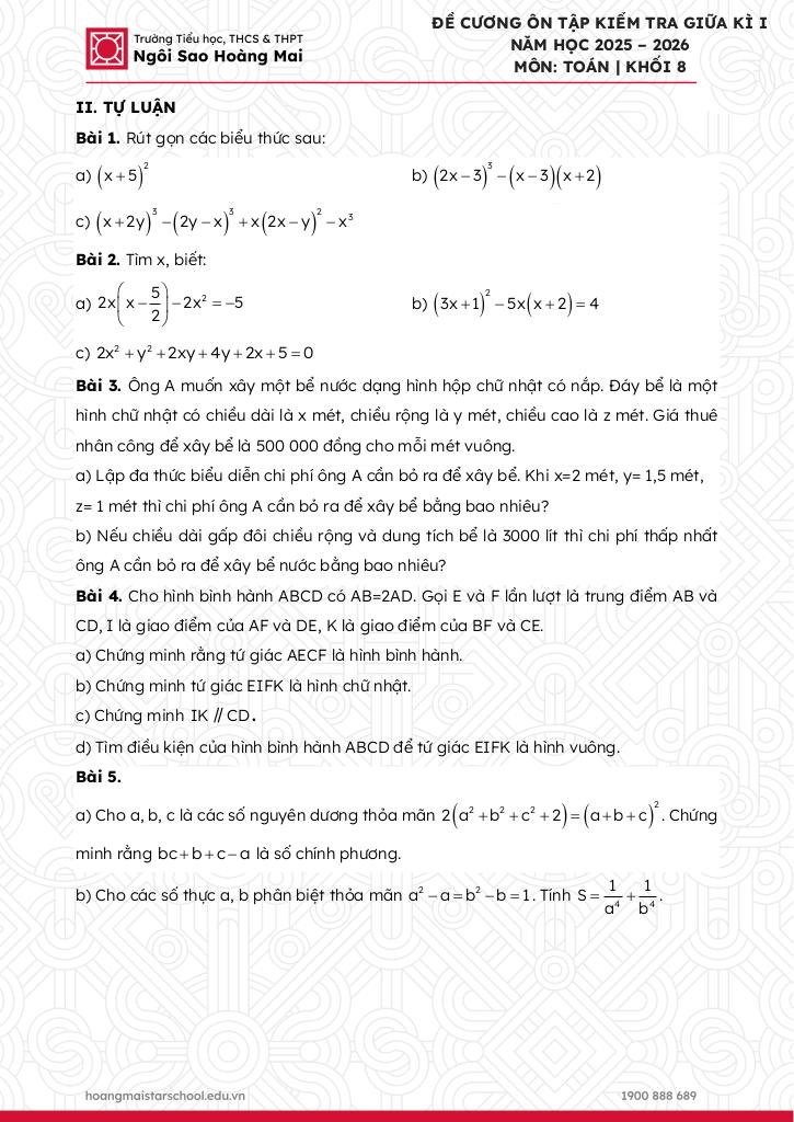 đề cương giữa kì 1 toán 8 năm 2025 – 2026 trường ngôi sao hoàng mai – hà nội 8