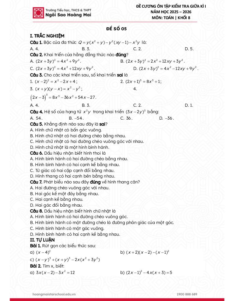 đề cương giữa kì 1 toán 8 năm 2025 – 2026 trường ngôi sao hoàng mai – hà nội 9