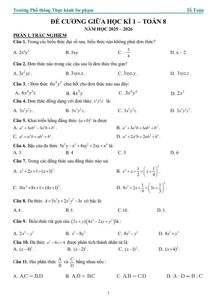 đề cương giữa kì 1 toán 8 năm 2025 – 2026 trường pt thực hành sư phạm – đồng nai 0