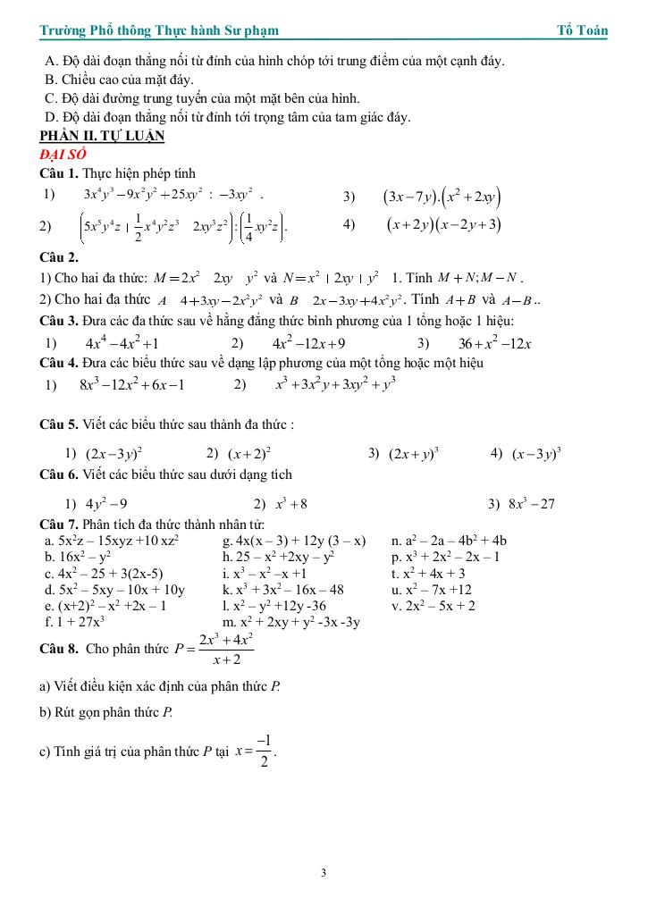 đề cương giữa kì 1 toán 8 năm 2025 – 2026 trường pt thực hành sư phạm – đồng nai 2
