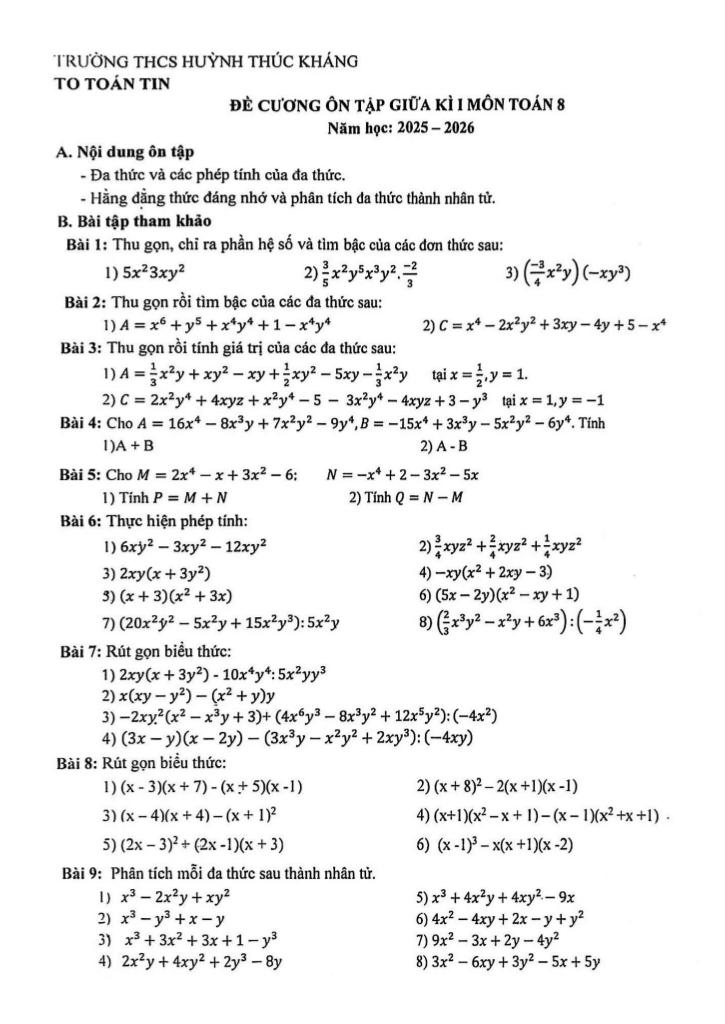 đề cương giữa kì 1 toán 8 năm 2025 – 2026 trường thcs huỳnh thúc kháng – đà nẵng 0