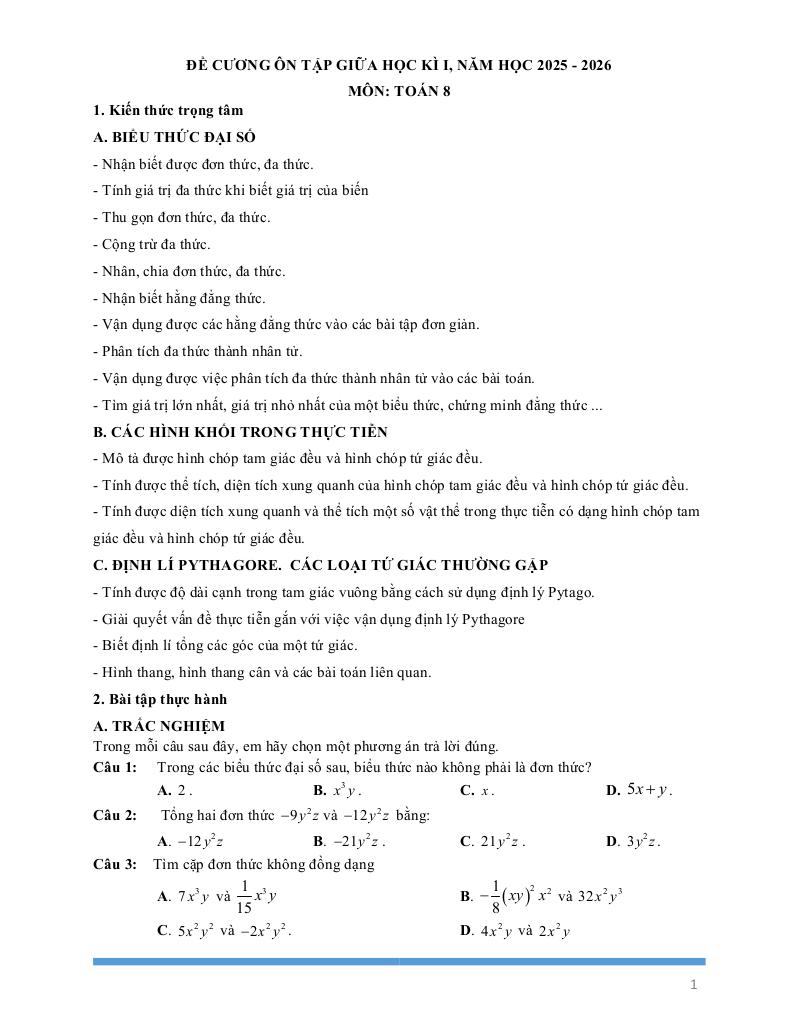 đề cương giữa kì 1 toán 8 năm 2025 – 2026 trường thcs nguyễn văn linh – tp hcm 0