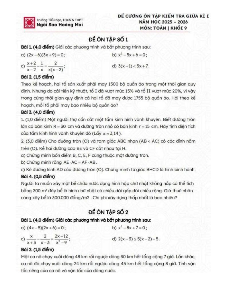 đề cương giữa kì 1 toán 9 năm 2025 – 2026 trường ngôi sao hoàng mai – hà nội 0