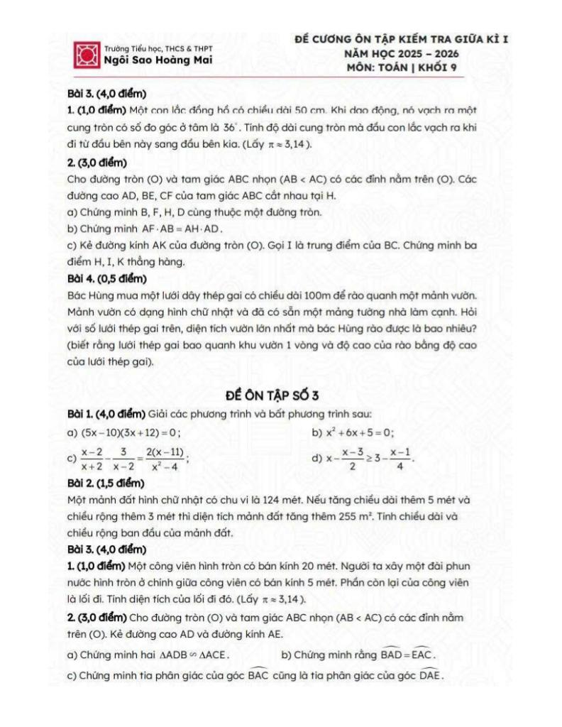 đề cương giữa kì 1 toán 9 năm 2025 – 2026 trường ngôi sao hoàng mai – hà nội 1