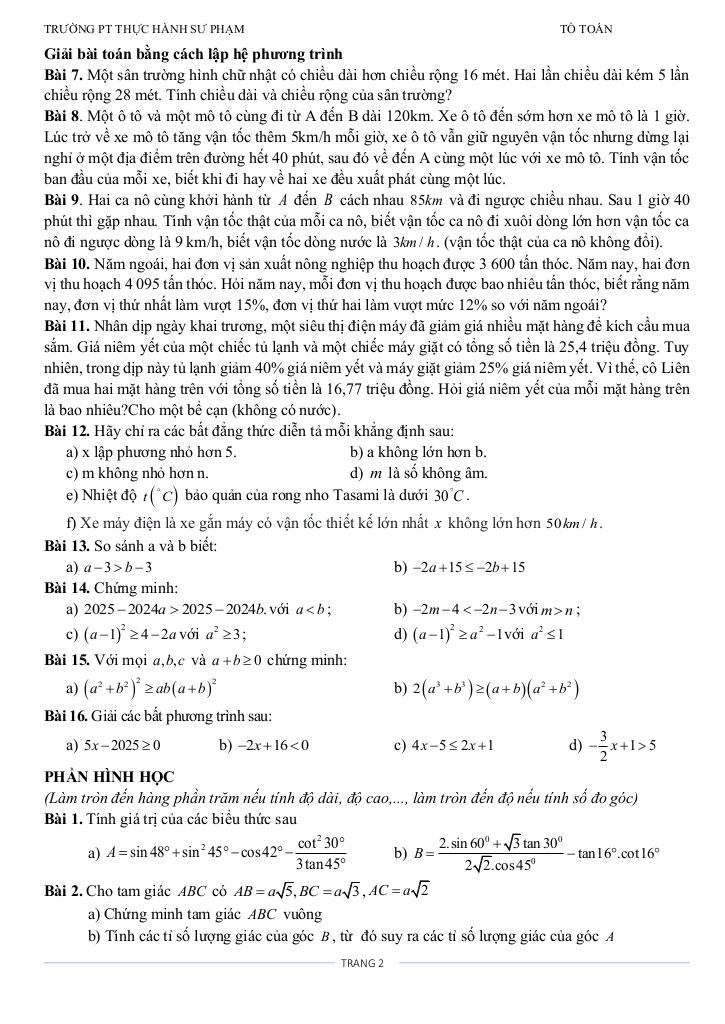 đề cương giữa kì 1 toán 9 năm 2025 – 2026 trường pt thực hành sư phạm – đồng nai 1