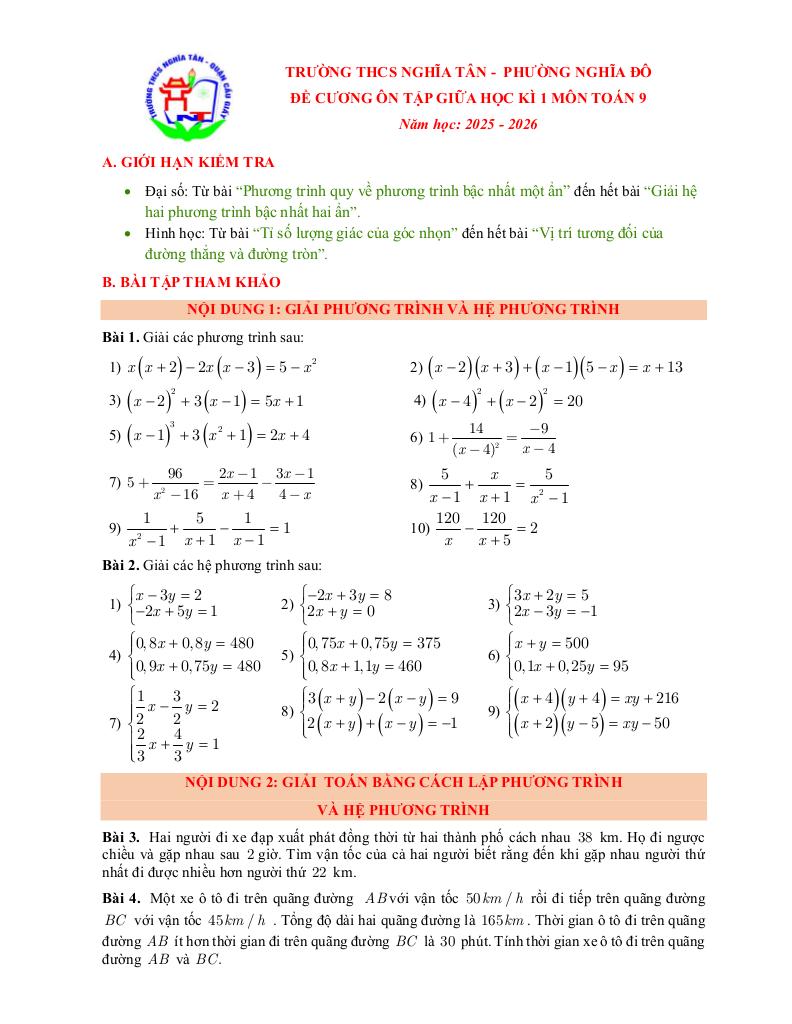 đề cương giữa kì 1 toán 9 năm 2025 – 2026 trường thcs nghĩa tân – hà nội 0