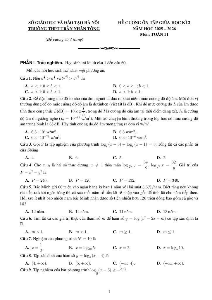 đề cương giữa kì 2 toán 11 năm 2025 – 2026 trường thpt trần nhân tông – hà nội - hình 1