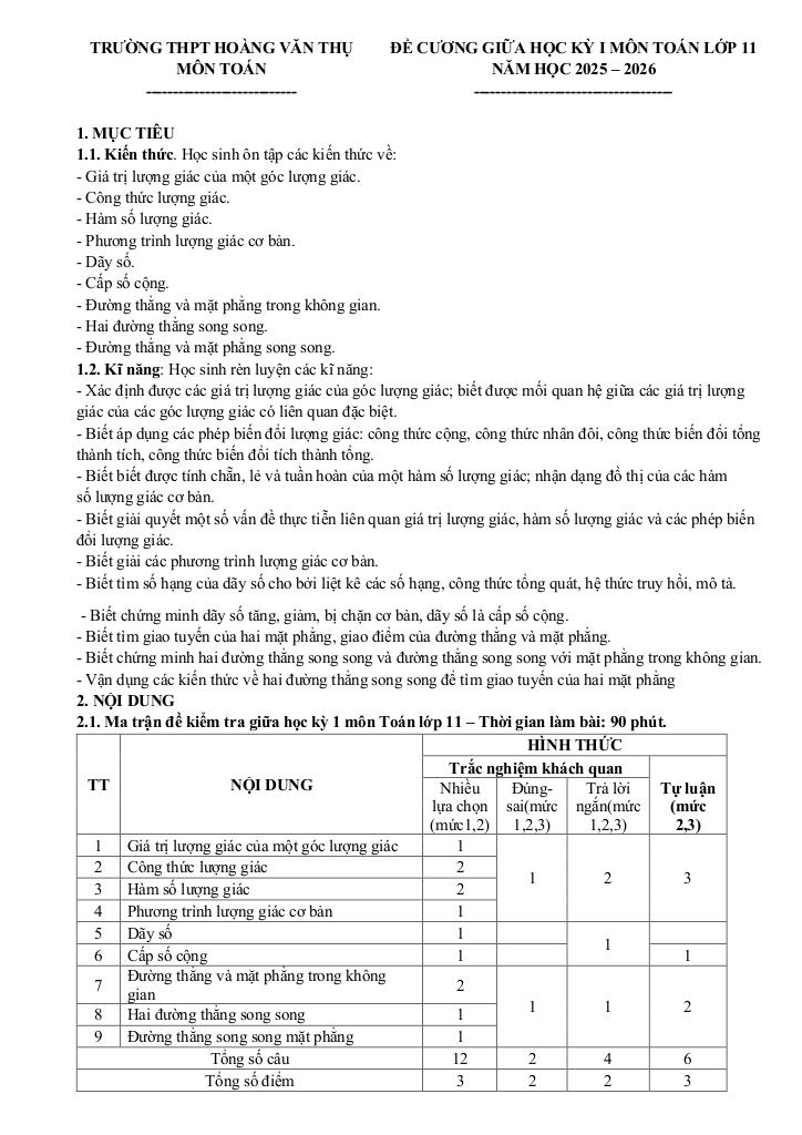 đề cương giữa kỳ 1 toán 11 năm 2025 – 2026 trường thpt hoàng văn thụ – hà nội 0